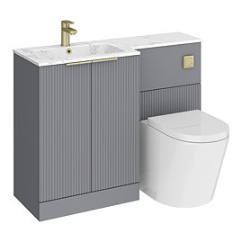 Venice Fluted 1100mm Grey Combination Unit with Carrera Marble Basin - Brushed Brass Handles & Flush, Round Pan