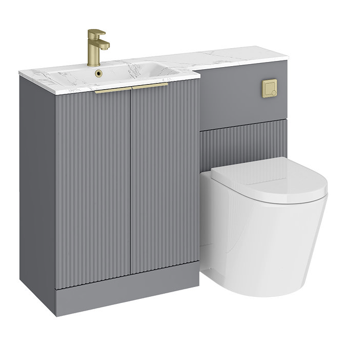 Venice Fluted 1100mm Grey Combination Unit with Carrera Marble Basin - Brushed Brass Handles & Flush, Round Pan