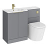 Venice Fluted 1100mm Grey Combination Unit with Carrera Marble Basin - Brushed Brass Handles & Flush, Round Pan
