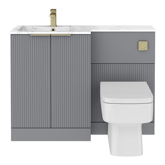 Venice Fluted 1100mm Grey Combination Unit with Carrera Marble Basin - Brushed Brass Handles & Flush, Square Pan