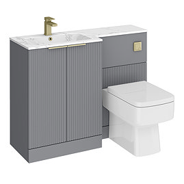 Venice Fluted 1100mm Grey Combination Unit with Carrera Marble Basin - Brushed Brass Handles & Flush, Square Pan