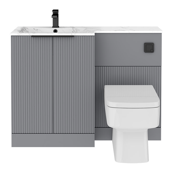 Venice Fluted 1100mm Grey Combination Unit with Carrera Marble Basin - Matt Black Handles & Flush, Square Pan