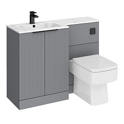 Venice Fluted 1100mm Grey Combination Unit with Carrera Marble Basin - Matt Black Handles & Flush, Square Pan