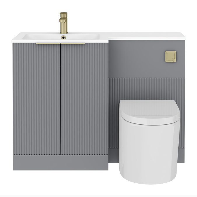Venice Fluted 1100mm Grey Combination Unit with Matt White Basin - Brushed Brass Handles & Flush, Round Pan