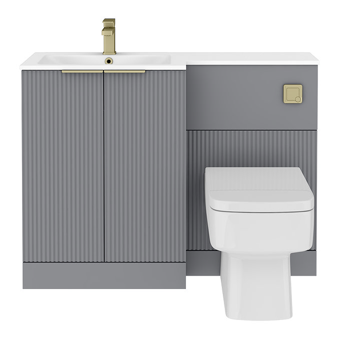 Venice Fluted 1100mm Grey Combination Unit with Matt White Stone Basin - Brushed Brass Handles & Flush, Square Pan