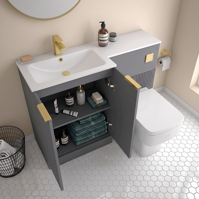 Venice Fluted 1100mm Grey Combination Unit with Matt White Stone Basin - Brushed Brass Handles & Flush, Square Pan