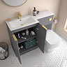 Venice Fluted 1100mm Grey Combination Unit with Matt White Stone Basin - Brushed Brass Handles & Flush, Square Pan