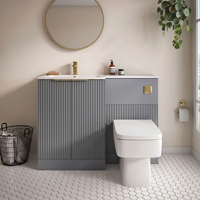 Venice Fluted 1100mm Grey Combination Unit with Matt White Stone Basin - Brushed Brass Handles & Flush, Square Pan