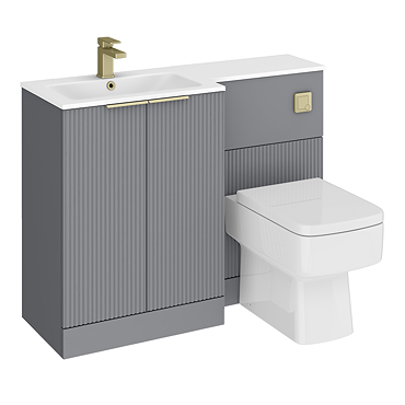 Venice Fluted 1100mm Grey Combination Unit with Matt White Stone Basin - Brushed Brass Handles & Flush, Square Pan