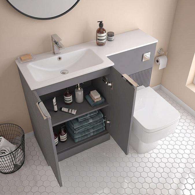Venice Fluted 1100mm Grey Combination Unit with Matt White Stone Basin, Square Pan & Chrome Flush