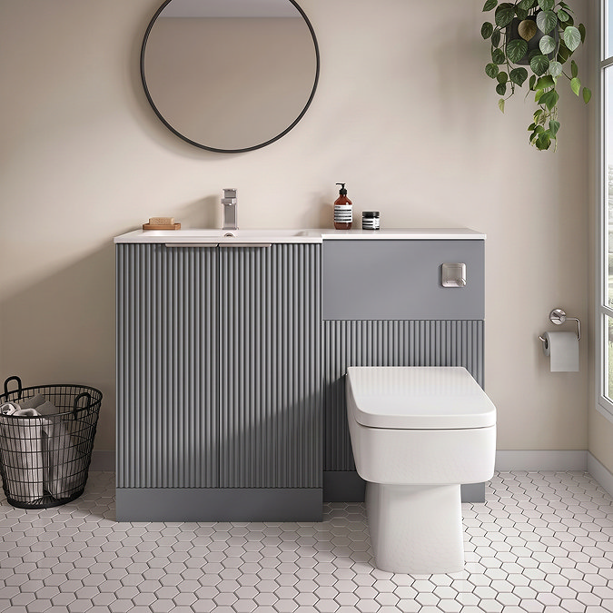 Venice Fluted 1100mm Grey Combination Unit with Matt White Stone Basin, Square Pan & Chrome Flush