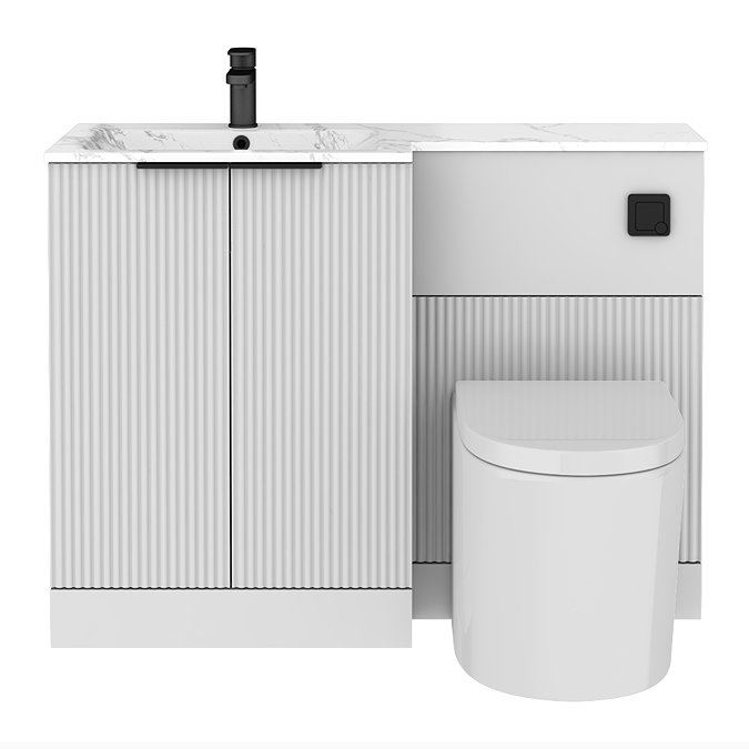 Venice Fluted 1100mm White Combination Unit with Carrera Marble Basin - Black Handles & Flush, Round Pan