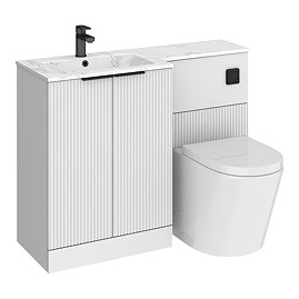 Venice Fluted 1100mm White Combination Unit with Carrera Marble Basin - Black Handles & Flush, Round Pan