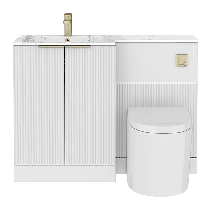 Venice Fluted 1100mm White Combination Unit with Carrera Marble Basin - Brushed Brass Handles & Flush, Round Pan