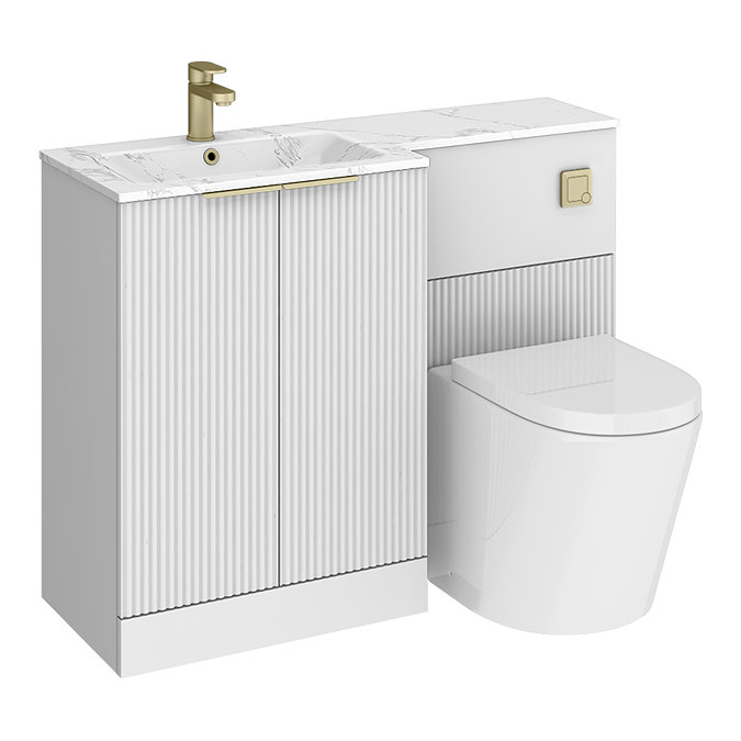 Venice Fluted 1100mm White Combination Unit with Carrera Marble Basin - Brushed Brass Handles & Flush, Round Pan