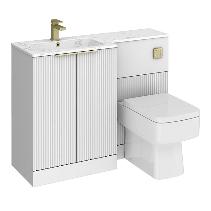 Venice Fluted 1100mm White Combination Unit with Carrera Marble Basin - Brushed Brass Handles & Flush, Square Pan
