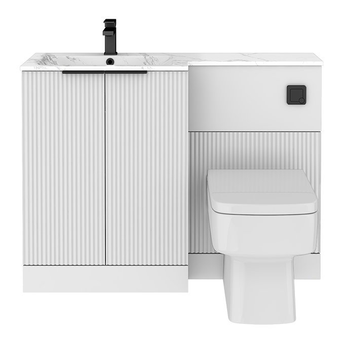 Venice Fluted 1100mm White Combination Unit with Carrera Marble Basin - Matt Black Handles & Flush, Square Pan