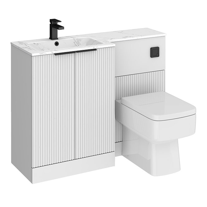 Venice Fluted 1100mm White Combination Unit with Carrera Marble Basin - Matt Black Handles & Flush, Square Pan
