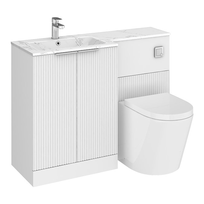 Venice Fluted 1100mm White Combination Unit with Carrera Marble Basin, Round Pan & Chrome Flush