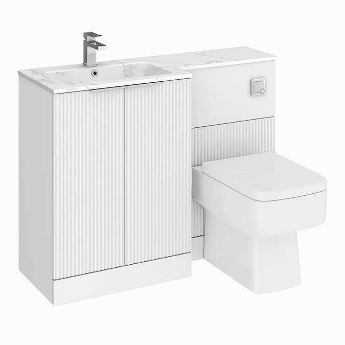 Venice Fluted 1100mm White Combination Unit with Carrera Marble Basin, Square Pan & Chrome Flush