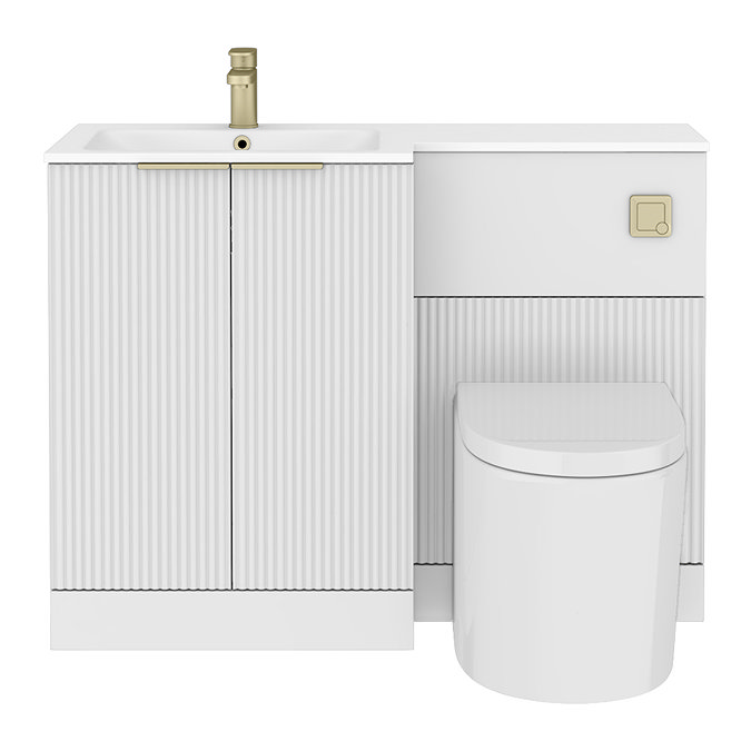 Venice Fluted 1100mm White Combination Unit with Matt White Basin - Brushed Brass Handles & Flush, Round Pan
