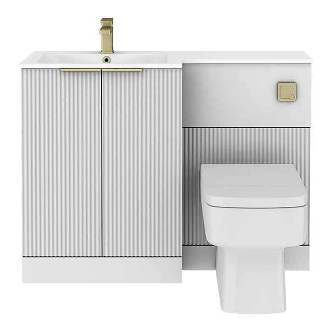 Venice Fluted 1100mm White Combination Unit with Matt White Stone Basin - Brushed Brass Handles & Flush, Square Pan
