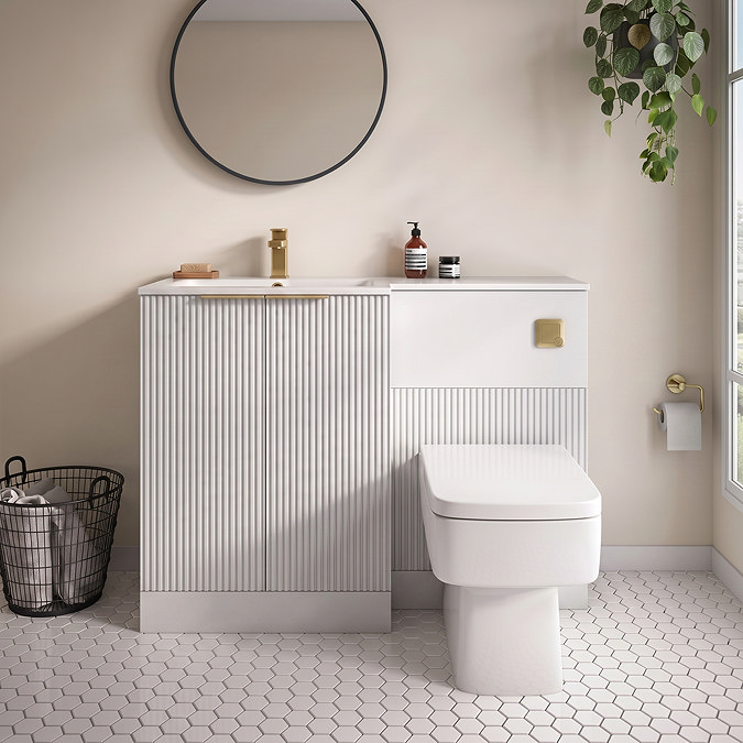 Venice Fluted 1100mm White Combination Unit with Matt White Stone Basin - Brushed Brass Handles & Flush, Square Pan