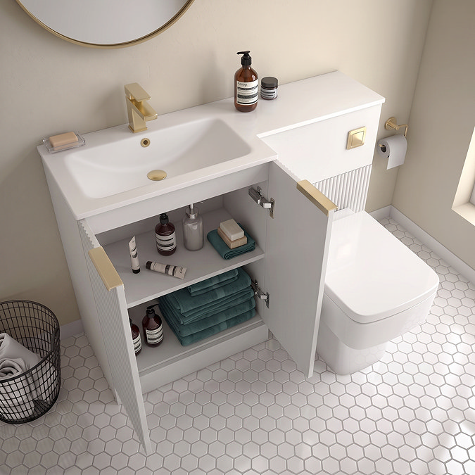 Venice Fluted 1100mm White Combination Unit with Matt White Stone Basin - Brushed Brass Handles & Flush, Square Pan Left