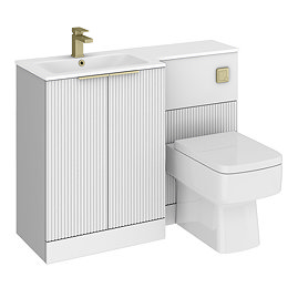 Venice Fluted 1100mm White Combination Unit with Matt White Stone Basin - Brushed Brass Handles & Flush, Square Pan