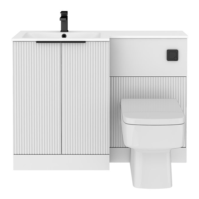 Venice Fluted 1100mm White Combination Unit with Matt White Stone Basin - Matt Black Handles & Flush, Square Pan