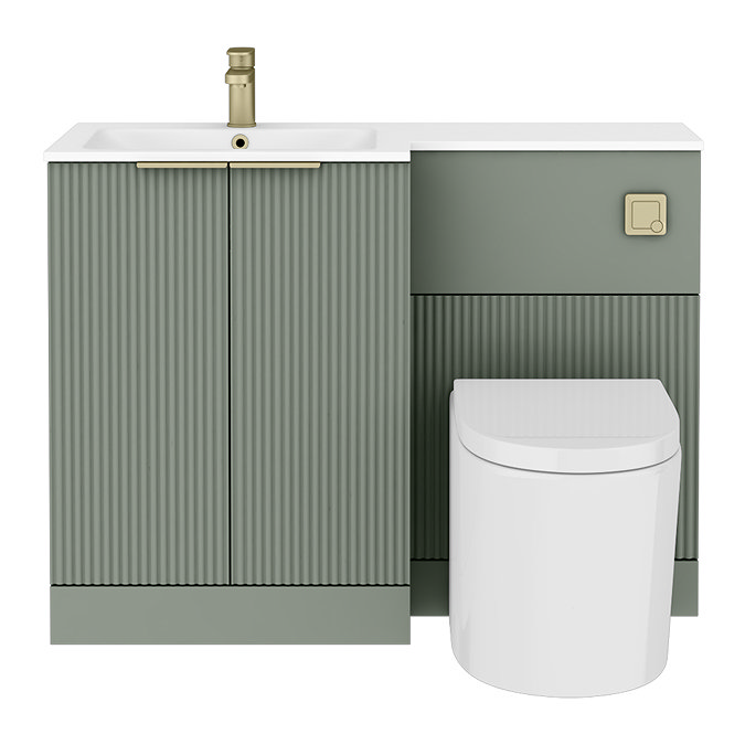 Venice Fluted 1100mm Green Combination Unit with Matt White Basin - Brushed Brass Handles & Flush, Round Pan