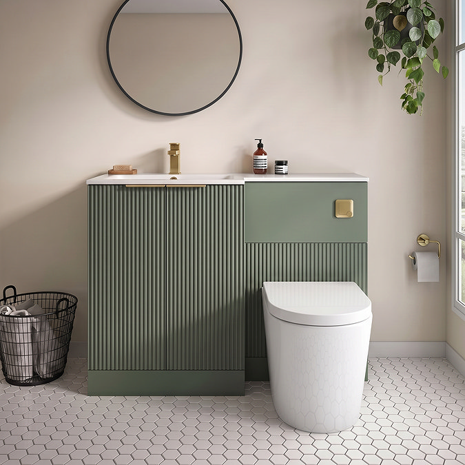 Venice Fluted 1100mm Green Combination Unit with Matt White Basin - Brushed Brass Handles & Flush, Round Pan