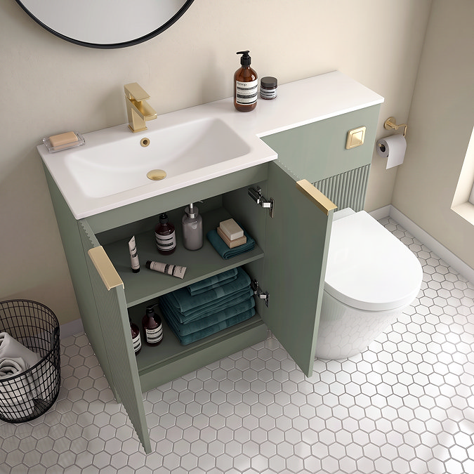 Venice Fluted 1100mm Green Combination Unit with Matt White Basin - Brushed Brass Handles & Flush, Round Pan