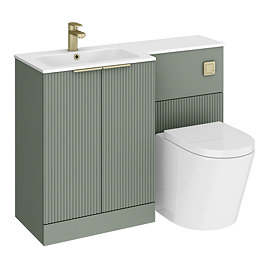 Venice Fluted 1100mm Green Combination Unit with Matt White Basin - Brushed Brass Handles & Flush, Round Pan