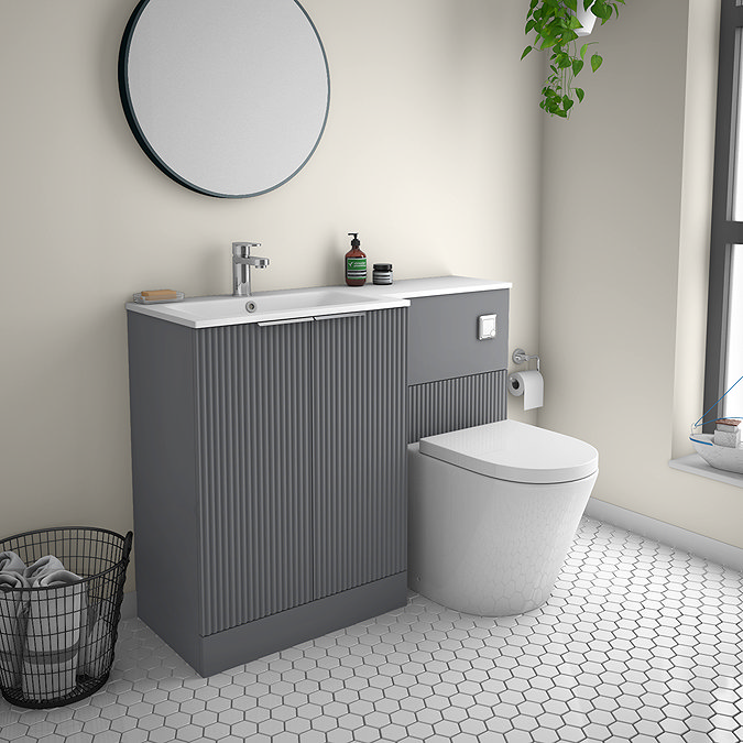 Venice Fluted 1100mm Grey Combination Unit with Matt White Stone Basin, Round Pan & Chrome Flush
