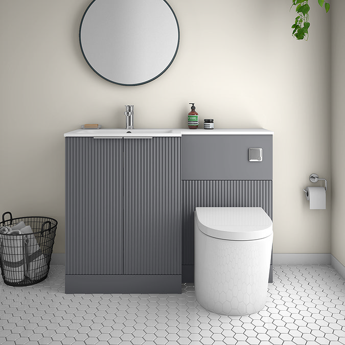 Venice Fluted 1100mm Grey Combination Unit with Matt White Stone Basin, Round Pan & Chrome Flush
