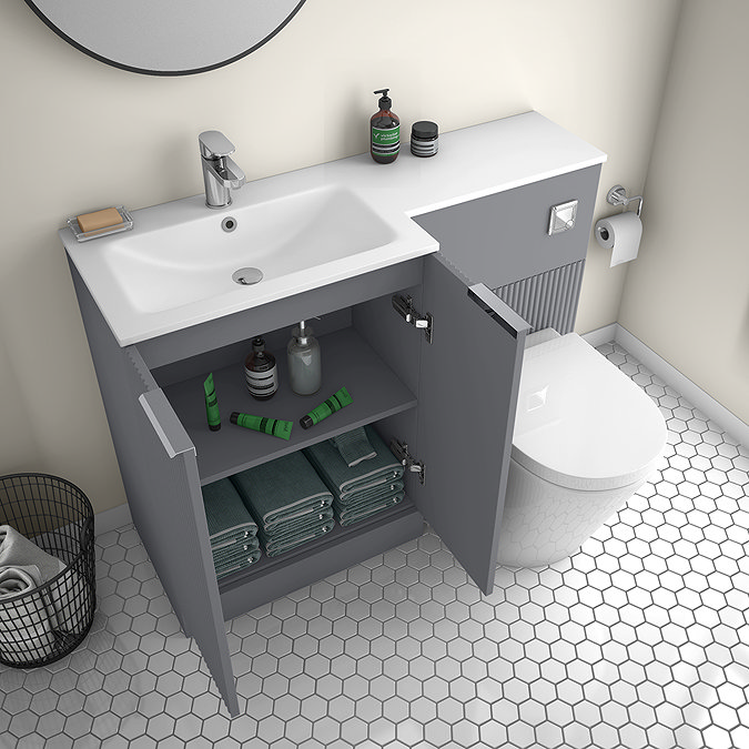 Venice Fluted 1100mm Grey Combination Unit with Matt White Stone Basin, Round Pan & Chrome Flush
