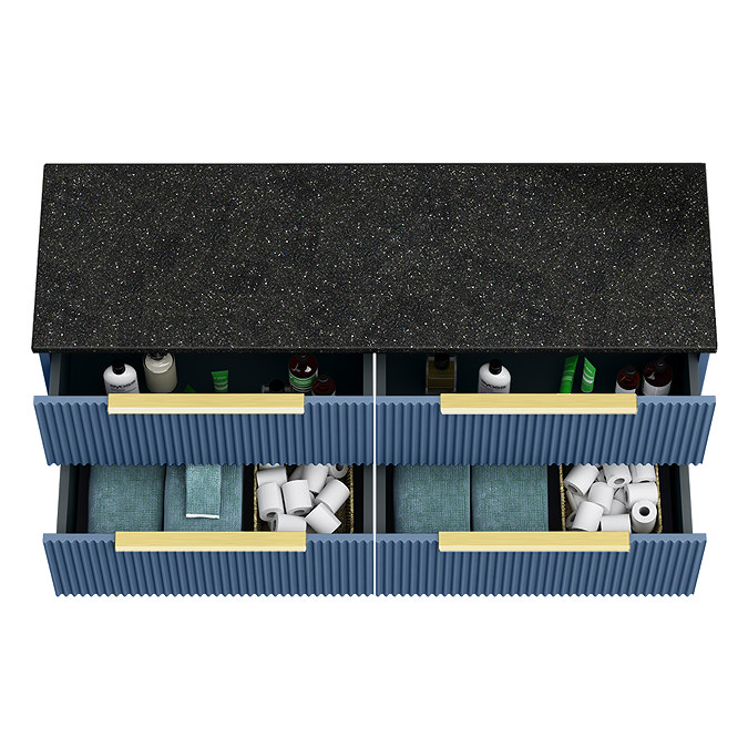 Venice Fluted 1205mm Blue Wall Hung Vanity Unit - 4 Drawers, Sparkling Black Worktop & Brushed Brass Handles