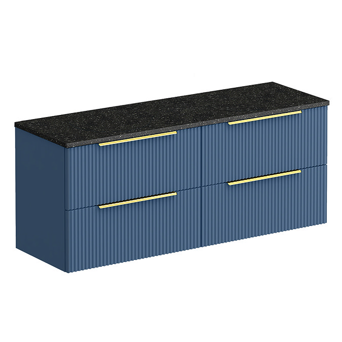 Venice Fluted 1205mm Blue Vanity Unit - Wall Hung 4 Drawer Unit with Sparkling Black Worktop & Brushed Brass Handles