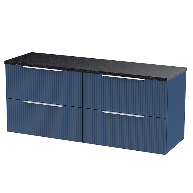 Venice Fluted 1205mm Blue Vanity Unit - Wall Hung 4 Drawer Unit with Sparkling Black Worktop & Chrome Handles