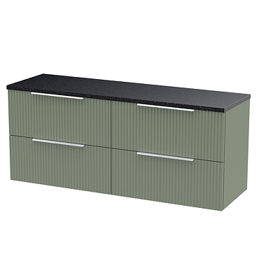 Venice Fluted 1205mm Green Vanity Unit - Wall Hung 4 Drawer Unit with Sparkling Black Worktop & Chrome Handles