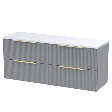 Venice Fluted 1205mm Grey Vanity Unit - Wall Hung 4 Drawer Unit with Sparkling Black Worktop & Brushed Brass Handles