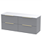 Venice Fluted 1205mm Grey Wall Hung Vanity Unit - 4 Drawers, Sparkling White Worktop & Brushed Brass Handles