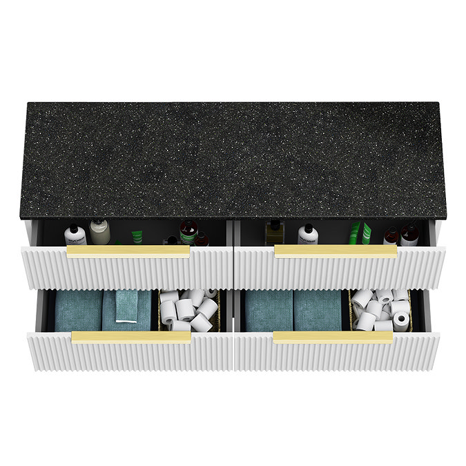 Venice Fluted 1205mm White Vanity Unit - Wall Hung 4 Drawer Unit with Sparkling Black Worktop & Brushed Brass Handles