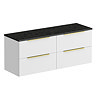 Venice Fluted 1205mm White Vanity Unit - Wall Hung 4 Drawer Unit with Sparkling Black Worktop & Brushed Brass Handles