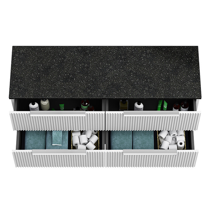 Venice Fluted 1205mm White Wall Hung Vanity Unit - 4 Drawers, Sparkling Black Worktop & Chrome Handles