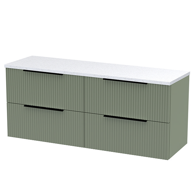 Venice Fluted 1205mm Green Vanity Unit - Wall Hung 4 Drawer Unit with Sparkling White Worktop & Matt Black Handles