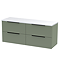Venice Fluted 1205mm Green Vanity Unit - Wall Hung 4 Drawer Unit with Sparkling White Worktop & Matt Black Handles