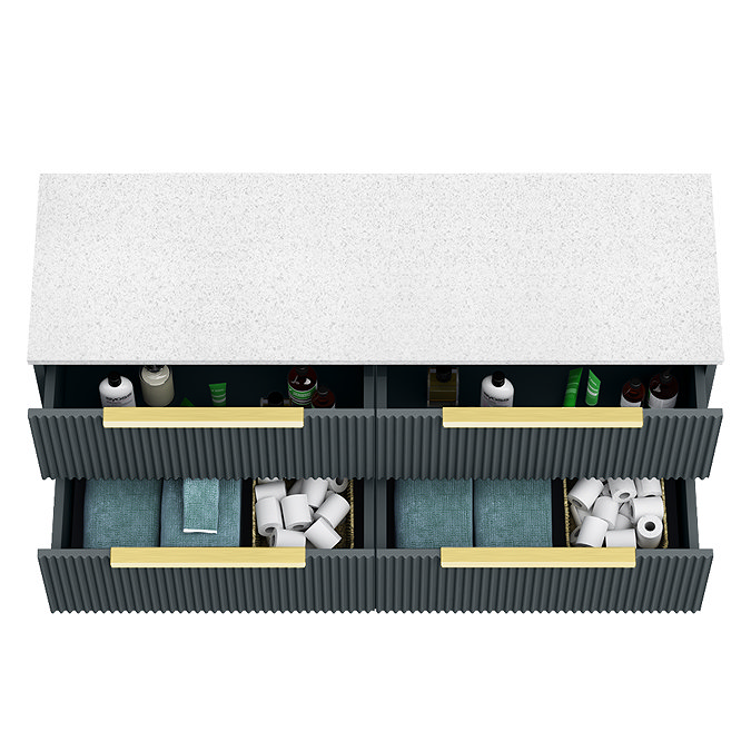 Venice Fluted 1205mm Satin Anthracite Vanity Unit - Wall Hung 4 Drawer Unit with Sparkling White Worktop & Brushed Brass Handles