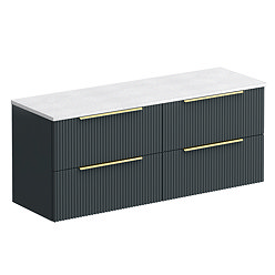 Venice Fluted 1205mm Satin Anthracite Vanity Unit - Wall Hung 4 Drawer Unit with Sparkling White Worktop & Brushed Brass Handles